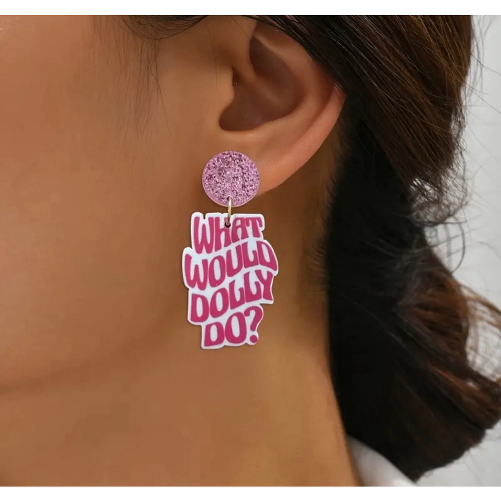 What Would Dolly Do Pink Glitter Stud Back Dangle Earrings